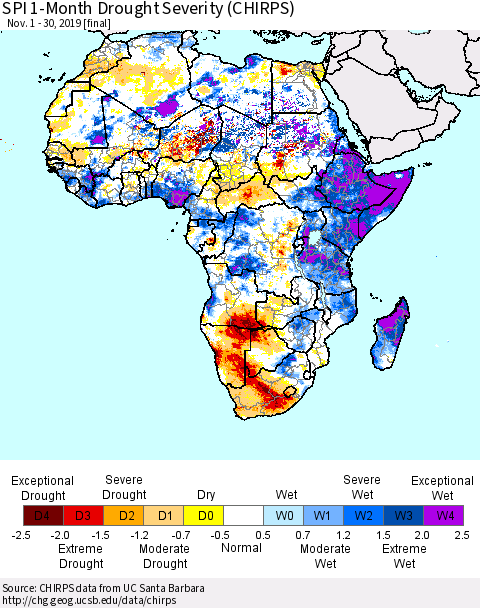 Africa SPI 1-Month Drought Severity (CHIRPS) Thematic Map For 11/1/2019 - 11/30/2019