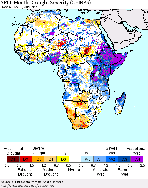 Africa SPI 1-Month Drought Severity (CHIRPS) Thematic Map For 11/6/2019 - 12/5/2019