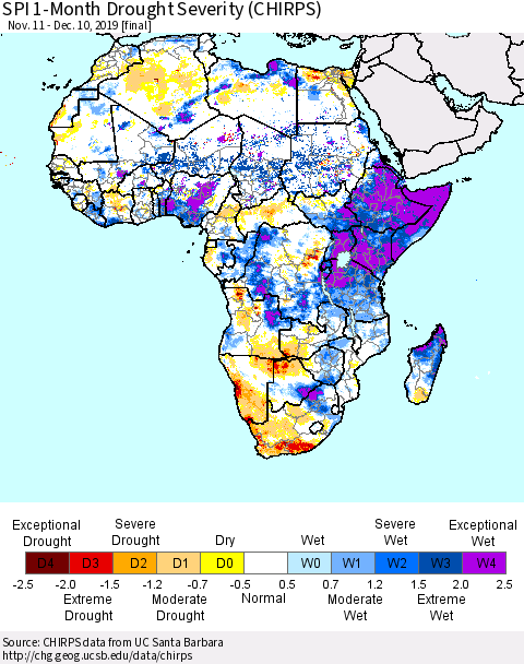 Africa SPI 1-Month Drought Severity (CHIRPS) Thematic Map For 11/11/2019 - 12/10/2019