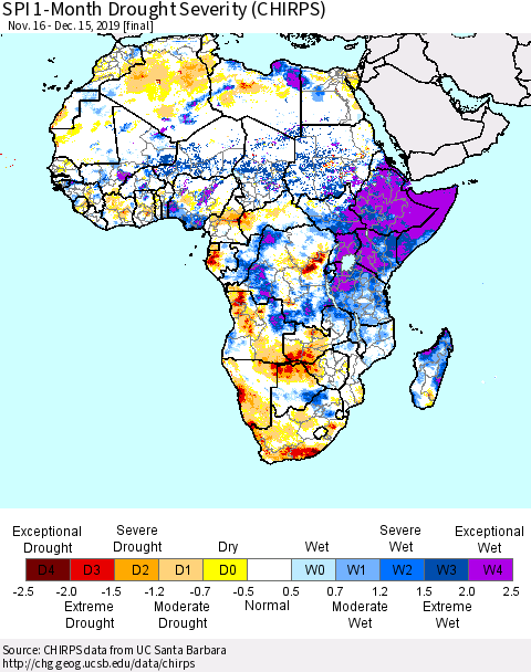 Africa SPI 1-Month Drought Severity (CHIRPS) Thematic Map For 11/16/2019 - 12/15/2019
