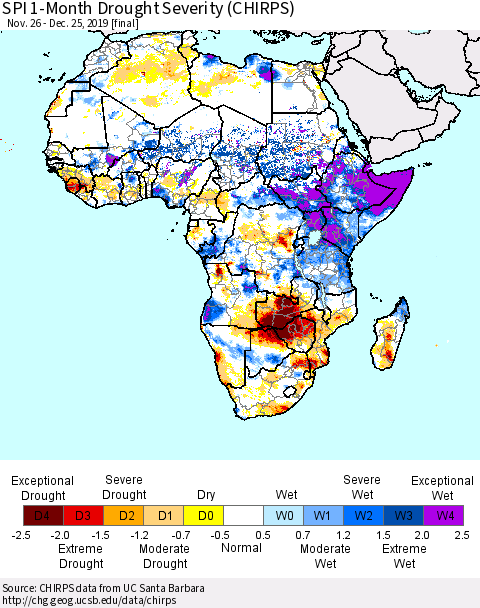 Africa SPI 1-Month Drought Severity (CHIRPS) Thematic Map For 11/26/2019 - 12/25/2019
