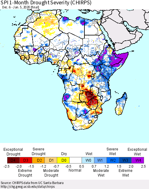 Africa SPI 1-Month Drought Severity (CHIRPS) Thematic Map For 12/6/2019 - 1/5/2020