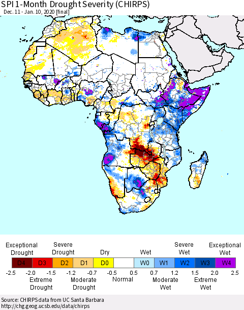 Africa SPI 1-Month Drought Severity (CHIRPS) Thematic Map For 12/11/2019 - 1/10/2020