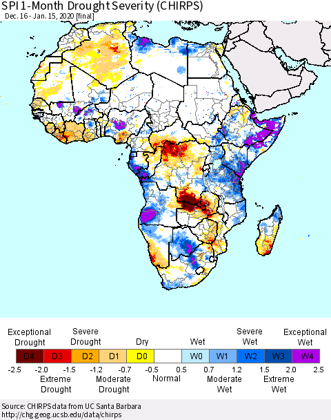 Africa SPI 1-Month Drought Severity (CHIRPS) Thematic Map For 12/16/2019 - 1/15/2020