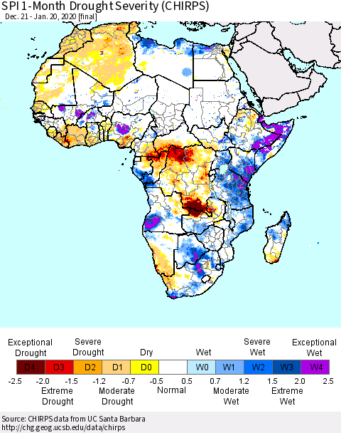 Africa SPI 1-Month Drought Severity (CHIRPS) Thematic Map For 12/21/2019 - 1/20/2020