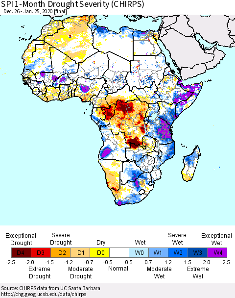 Africa SPI 1-Month Drought Severity (CHIRPS) Thematic Map For 12/26/2019 - 1/25/2020