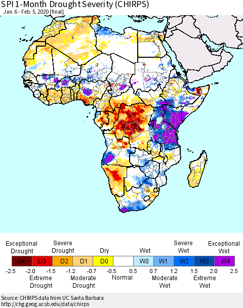 Africa SPI 1-Month Drought Severity (CHIRPS) Thematic Map For 1/6/2020 - 2/5/2020