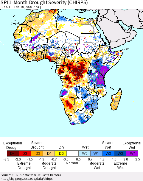 Africa SPI 1-Month Drought Severity (CHIRPS) Thematic Map For 1/11/2020 - 2/10/2020