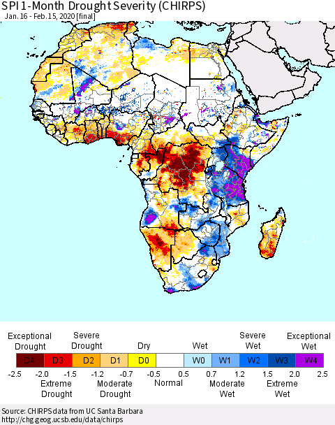 Africa SPI 1-Month Drought Severity (CHIRPS) Thematic Map For 1/16/2020 - 2/15/2020