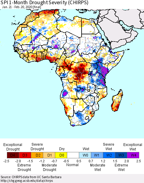 Africa SPI 1-Month Drought Severity (CHIRPS) Thematic Map For 1/21/2020 - 2/20/2020