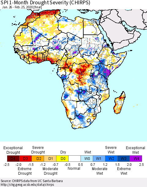Africa SPI 1-Month Drought Severity (CHIRPS) Thematic Map For 1/26/2020 - 2/25/2020