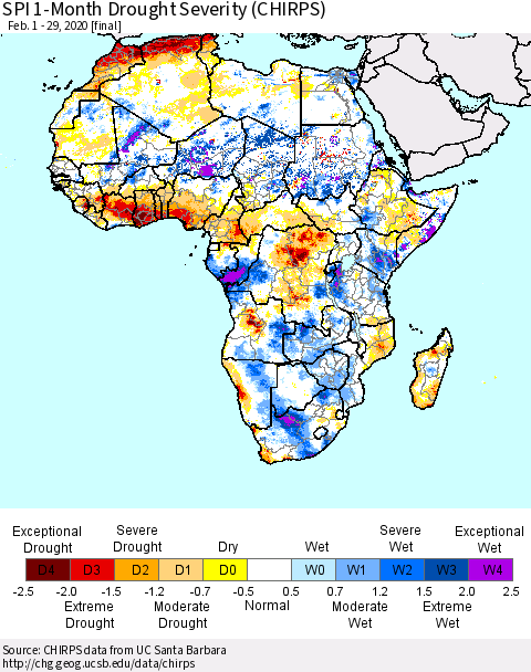 Africa SPI 1-Month Drought Severity (CHIRPS) Thematic Map For 2/1/2020 - 2/29/2020
