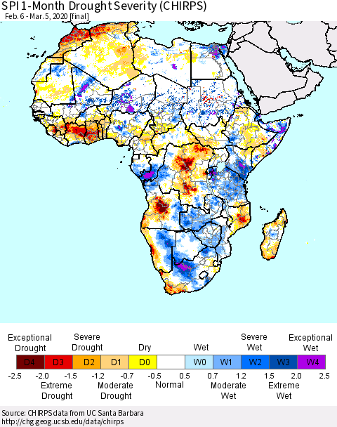 Africa SPI 1-Month Drought Severity (CHIRPS) Thematic Map For 2/6/2020 - 3/5/2020