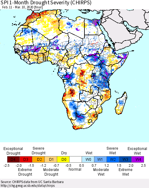 Africa SPI 1-Month Drought Severity (CHIRPS) Thematic Map For 2/11/2020 - 3/10/2020
