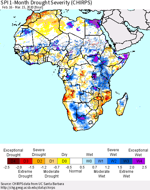 Africa SPI 1-Month Drought Severity (CHIRPS) Thematic Map For 2/16/2020 - 3/15/2020