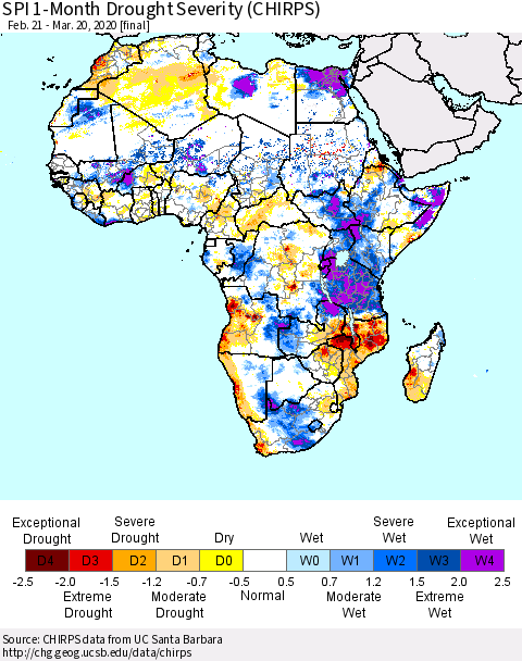 Africa SPI 1-Month Drought Severity (CHIRPS) Thematic Map For 2/21/2020 - 3/20/2020