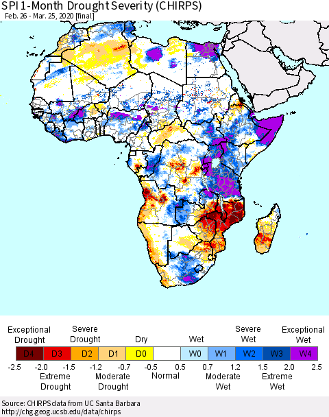 Africa SPI 1-Month Drought Severity (CHIRPS) Thematic Map For 2/26/2020 - 3/25/2020