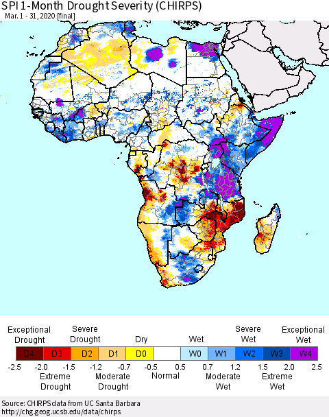 Africa SPI 1-Month Drought Severity (CHIRPS) Thematic Map For 3/1/2020 - 3/31/2020