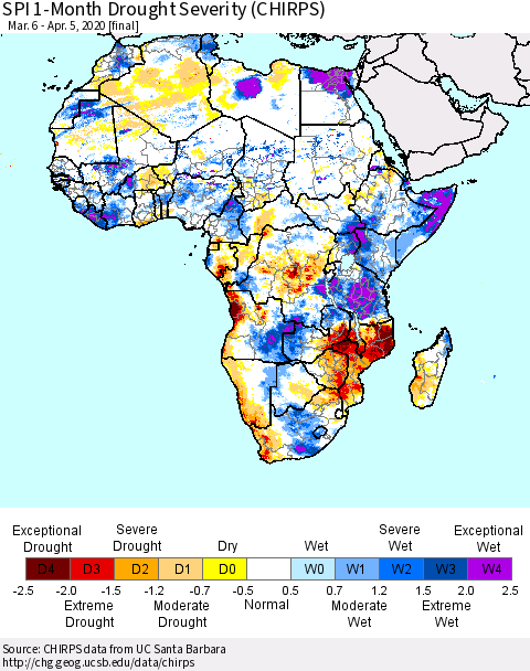 Africa SPI 1-Month Drought Severity (CHIRPS) Thematic Map For 3/6/2020 - 4/5/2020