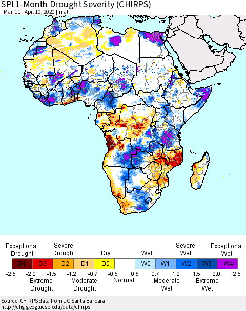 Africa SPI 1-Month Drought Severity (CHIRPS) Thematic Map For 3/11/2020 - 4/10/2020