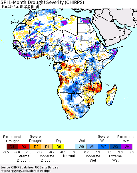 Africa SPI 1-Month Drought Severity (CHIRPS) Thematic Map For 3/16/2020 - 4/15/2020