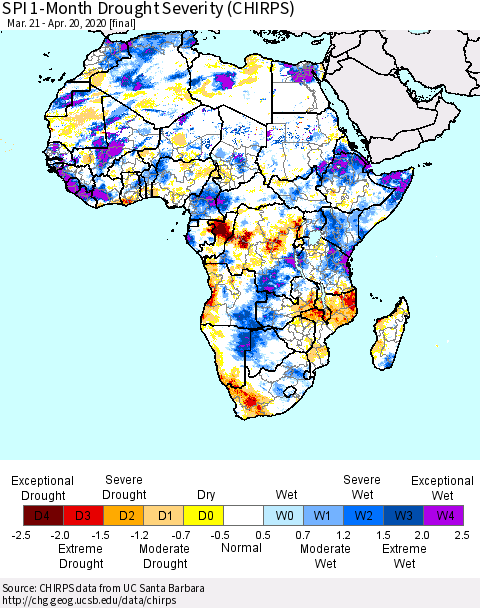 Africa SPI 1-Month Drought Severity (CHIRPS) Thematic Map For 3/21/2020 - 4/20/2020