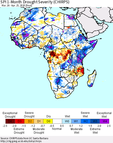 Africa SPI 1-Month Drought Severity (CHIRPS) Thematic Map For 3/26/2020 - 4/25/2020