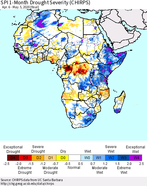 Africa SPI 1-Month Drought Severity (CHIRPS) Thematic Map For 4/6/2020 - 5/5/2020