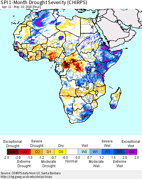 Africa SPI 1-Month Drought Severity (CHIRPS) Thematic Map For 4/11/2020 - 5/10/2020