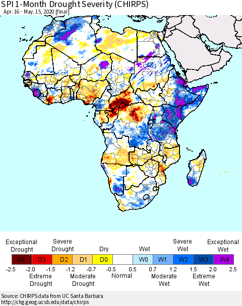 Africa SPI 1-Month Drought Severity (CHIRPS) Thematic Map For 4/16/2020 - 5/15/2020