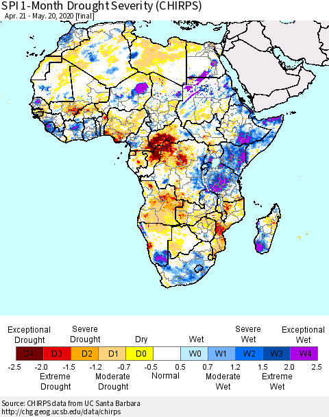 Africa SPI 1-Month Drought Severity (CHIRPS) Thematic Map For 4/21/2020 - 5/20/2020