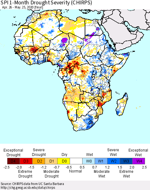 Africa SPI 1-Month Drought Severity (CHIRPS) Thematic Map For 4/26/2020 - 5/25/2020