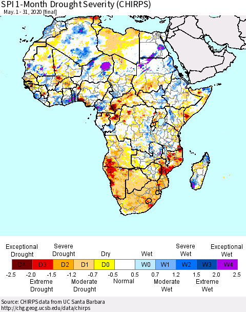 Africa SPI 1-Month Drought Severity (CHIRPS) Thematic Map For 5/1/2020 - 5/31/2020