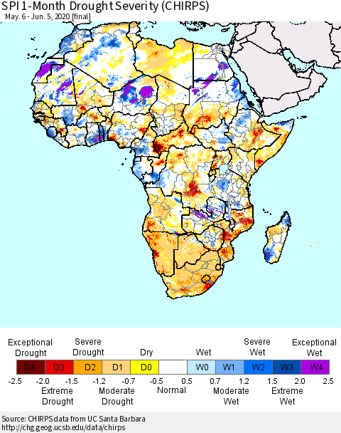 Africa SPI 1-Month Drought Severity (CHIRPS) Thematic Map For 5/6/2020 - 6/5/2020