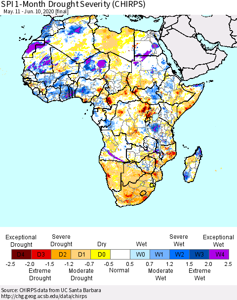 Africa SPI 1-Month Drought Severity (CHIRPS) Thematic Map For 5/11/2020 - 6/10/2020