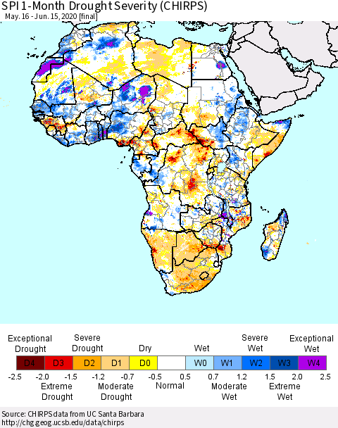Africa SPI 1-Month Drought Severity (CHIRPS) Thematic Map For 5/16/2020 - 6/15/2020