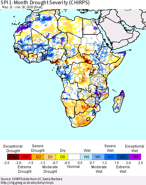 Africa SPI 1-Month Drought Severity (CHIRPS) Thematic Map For 5/21/2020 - 6/20/2020