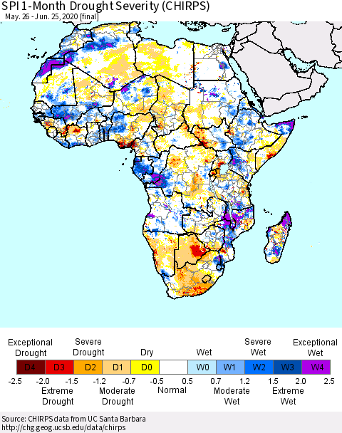 Africa SPI 1-Month Drought Severity (CHIRPS) Thematic Map For 5/26/2020 - 6/25/2020