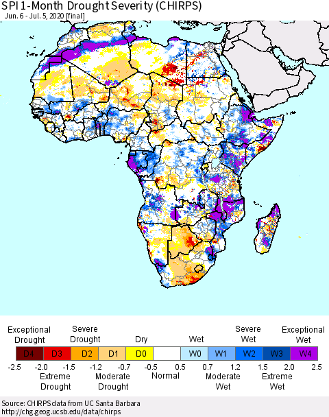 Africa SPI 1-Month Drought Severity (CHIRPS) Thematic Map For 6/6/2020 - 7/5/2020