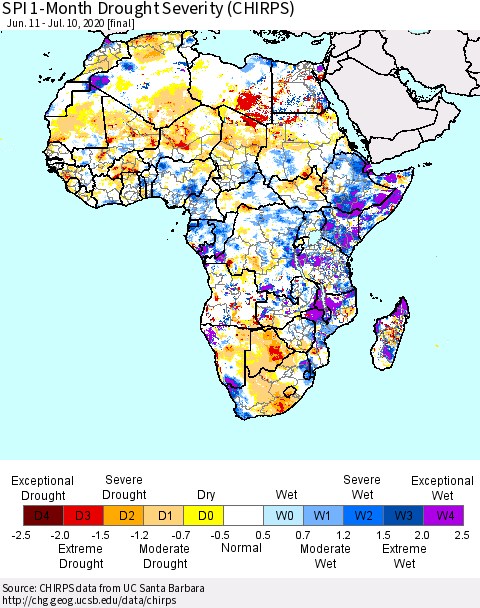 Africa SPI 1-Month Drought Severity (CHIRPS) Thematic Map For 6/11/2020 - 7/10/2020