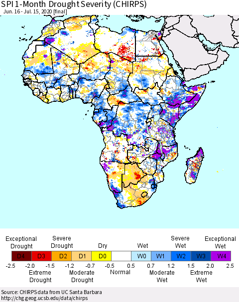 Africa SPI 1-Month Drought Severity (CHIRPS) Thematic Map For 6/16/2020 - 7/15/2020