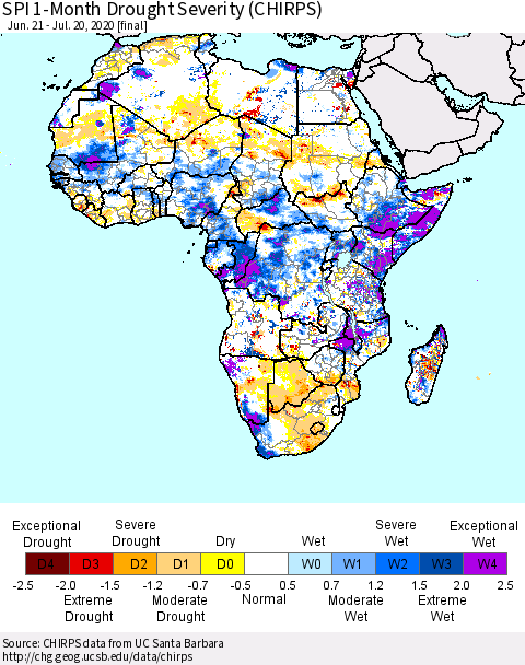 Africa SPI 1-Month Drought Severity (CHIRPS) Thematic Map For 6/21/2020 - 7/20/2020