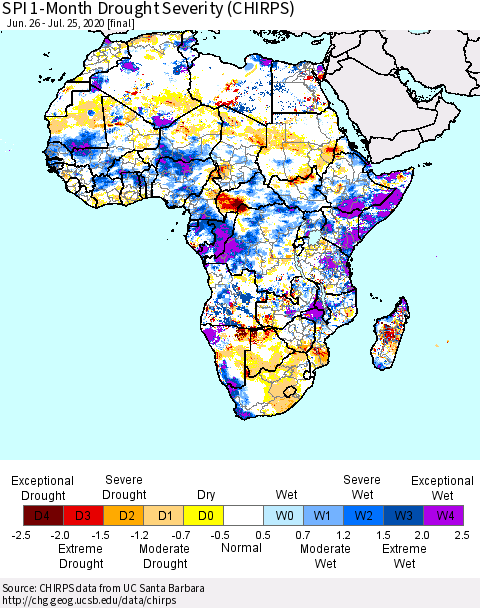 Africa SPI 1-Month Drought Severity (CHIRPS) Thematic Map For 6/26/2020 - 7/25/2020