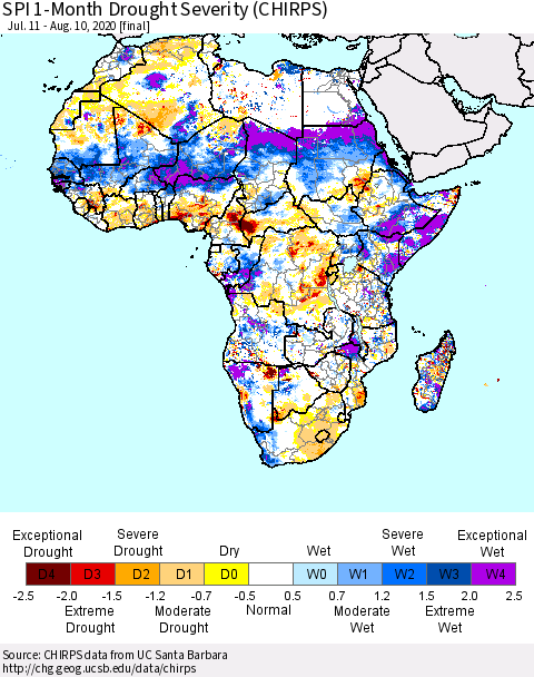 Africa SPI 1-Month Drought Severity (CHIRPS) Thematic Map For 7/11/2020 - 8/10/2020