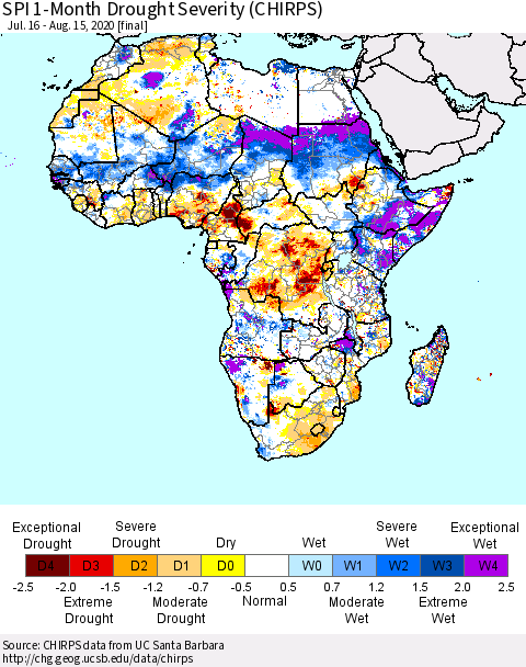 Africa SPI 1-Month Drought Severity (CHIRPS) Thematic Map For 7/16/2020 - 8/15/2020
