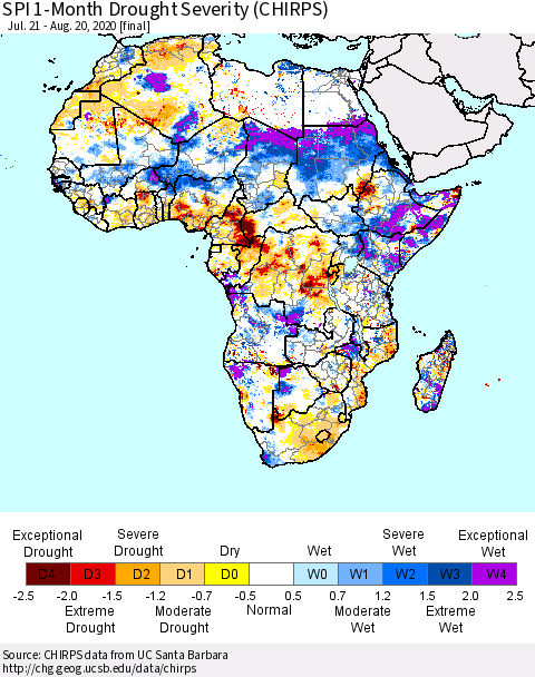 Africa SPI 1-Month Drought Severity (CHIRPS) Thematic Map For 7/21/2020 - 8/20/2020