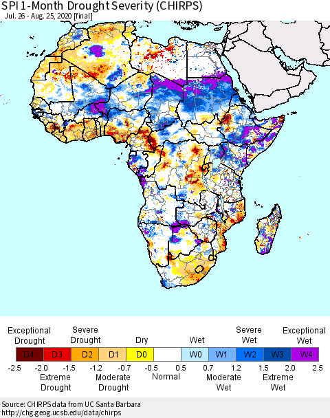 Africa SPI 1-Month Drought Severity (CHIRPS) Thematic Map For 7/26/2020 - 8/25/2020