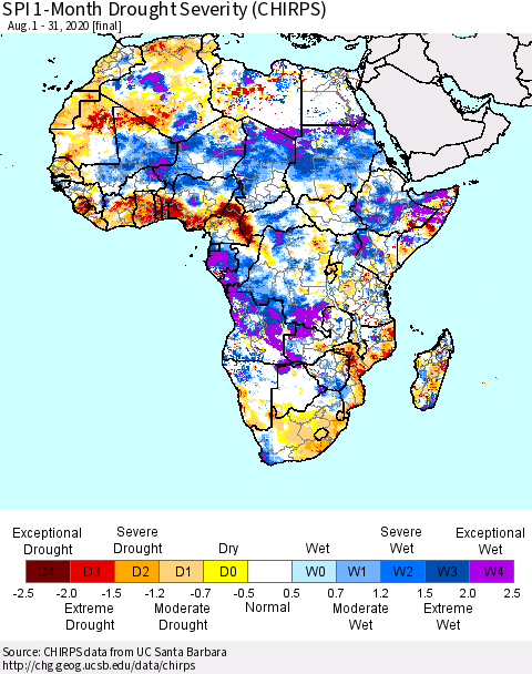 Africa SPI 1-Month Drought Severity (CHIRPS) Thematic Map For 8/1/2020 - 8/31/2020