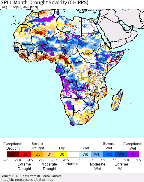 Africa SPI 1-Month Drought Severity (CHIRPS) Thematic Map For 8/6/2020 - 9/5/2020