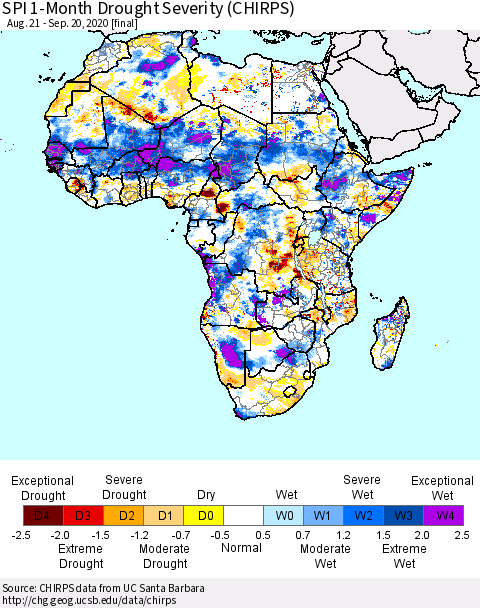 Africa SPI 1-Month Drought Severity (CHIRPS) Thematic Map For 8/21/2020 - 9/20/2020